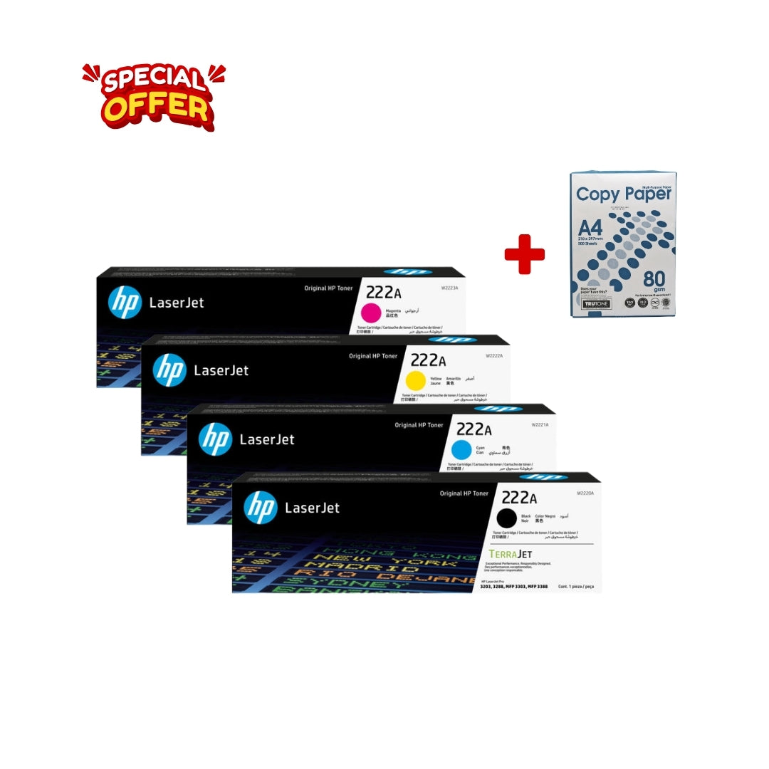 HP 222A Black-Cyan-Magenta-Yellow Toner Combo Pack + A4 Paper Packet
