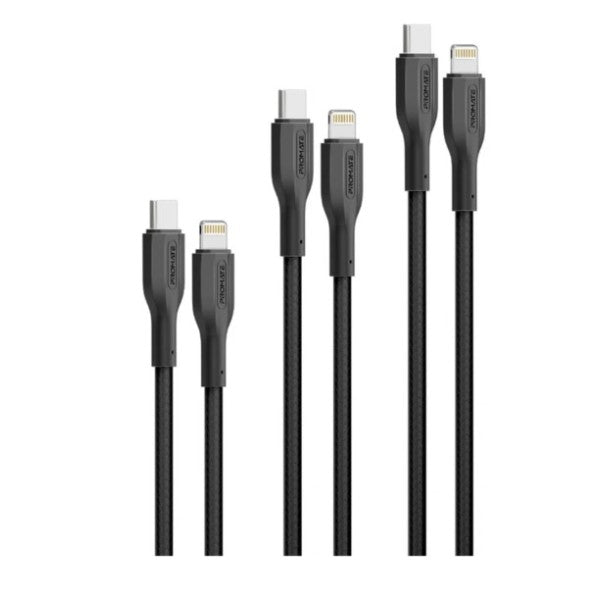 Promate CableKit-Ci 3Pcs High Tensile Strength 27W USB-C to Lightning Cable Kit