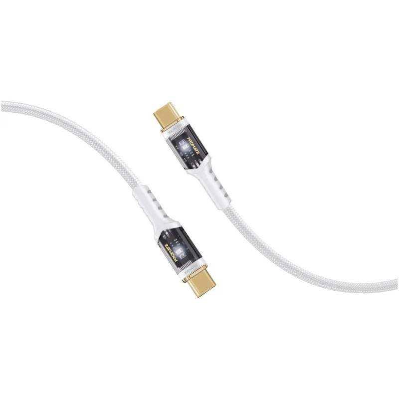 Promate LucidLine-CC200 High Tensile Transparent 100W Power Delivery USB-C Cable with LED Light - White