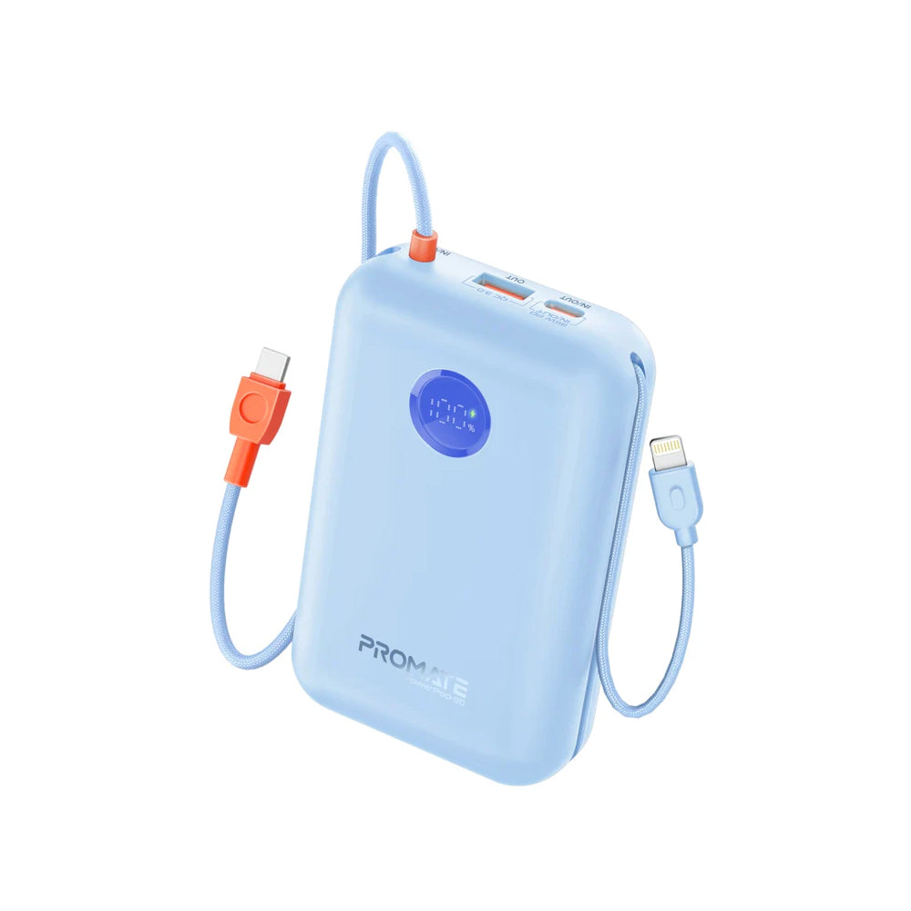 Promate PowerPod-30 30000mAh Compact Power Bank with Built-In USB-C & Lightning Cable - Blue
