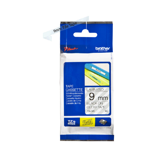 Brother Genuine TZe-121 Labelling Tape Cassette – Black on Clear, 9mm wide
