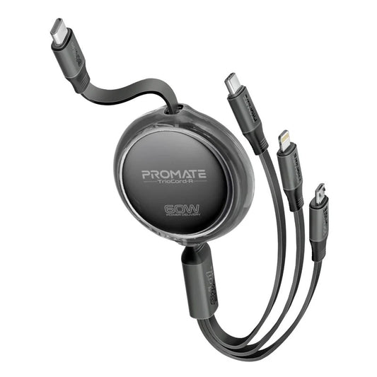 Promate TrioCord-R 3-in-1 Ultra-Fast Retractable Multi-Connector Cable - Black