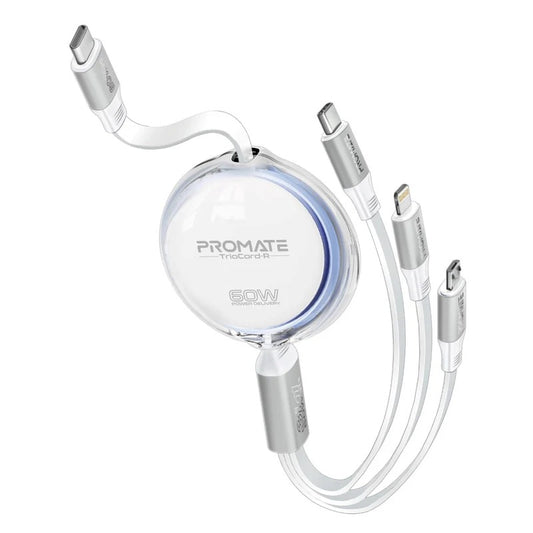 Promate TrioCord-R 3-in-1 Ultra-Fast Retractable Multi-Connector Cable - White