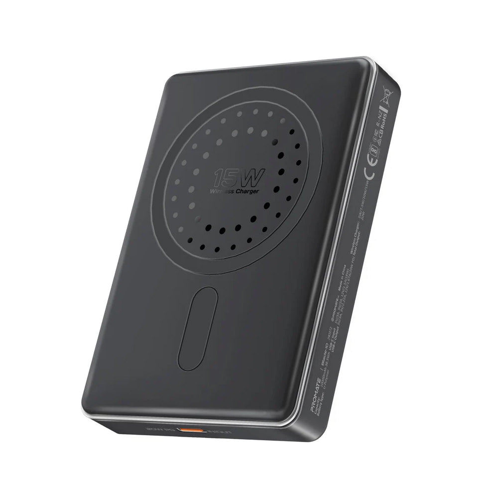 Promate Blade-10 10,000mAh Ultra-Compact Aluminum Crafted MagSafe Compatible Wireless Charging PowerBank - Black