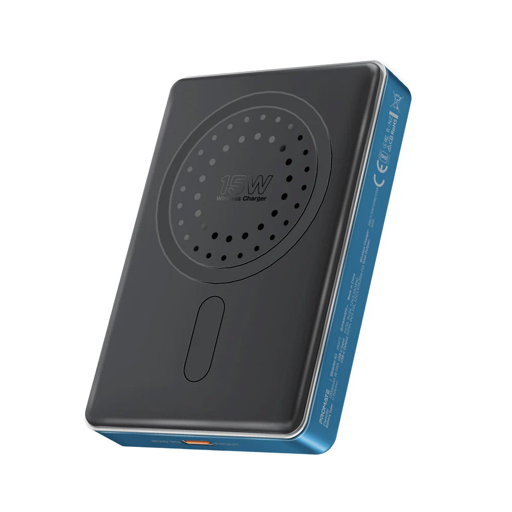 Promate Blade-10 10,000mAh Ultra-Compact Aluminum Crafted MagSafe Compatible Wireless Charging PowerBank - Blue