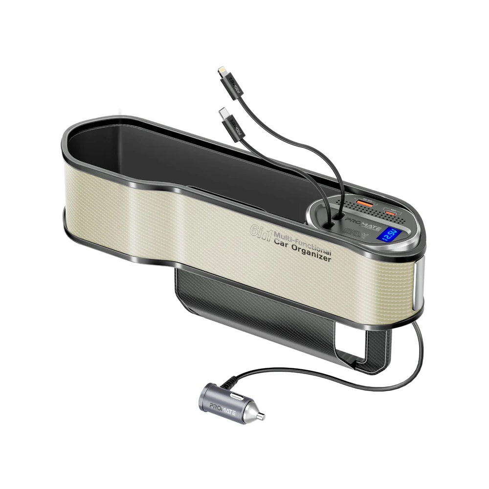 Promate CarMate-RPD 65W Multi-Functional Car Organizer and Charging Station with USB-C & Lightning Retractable Cables - Beige