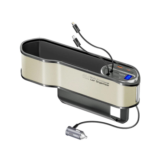 Promate CarMate-RPD 65W Multi-Functional Car Organizer and Charging Station with USB-C & Lightning Retractable Cables - Beige