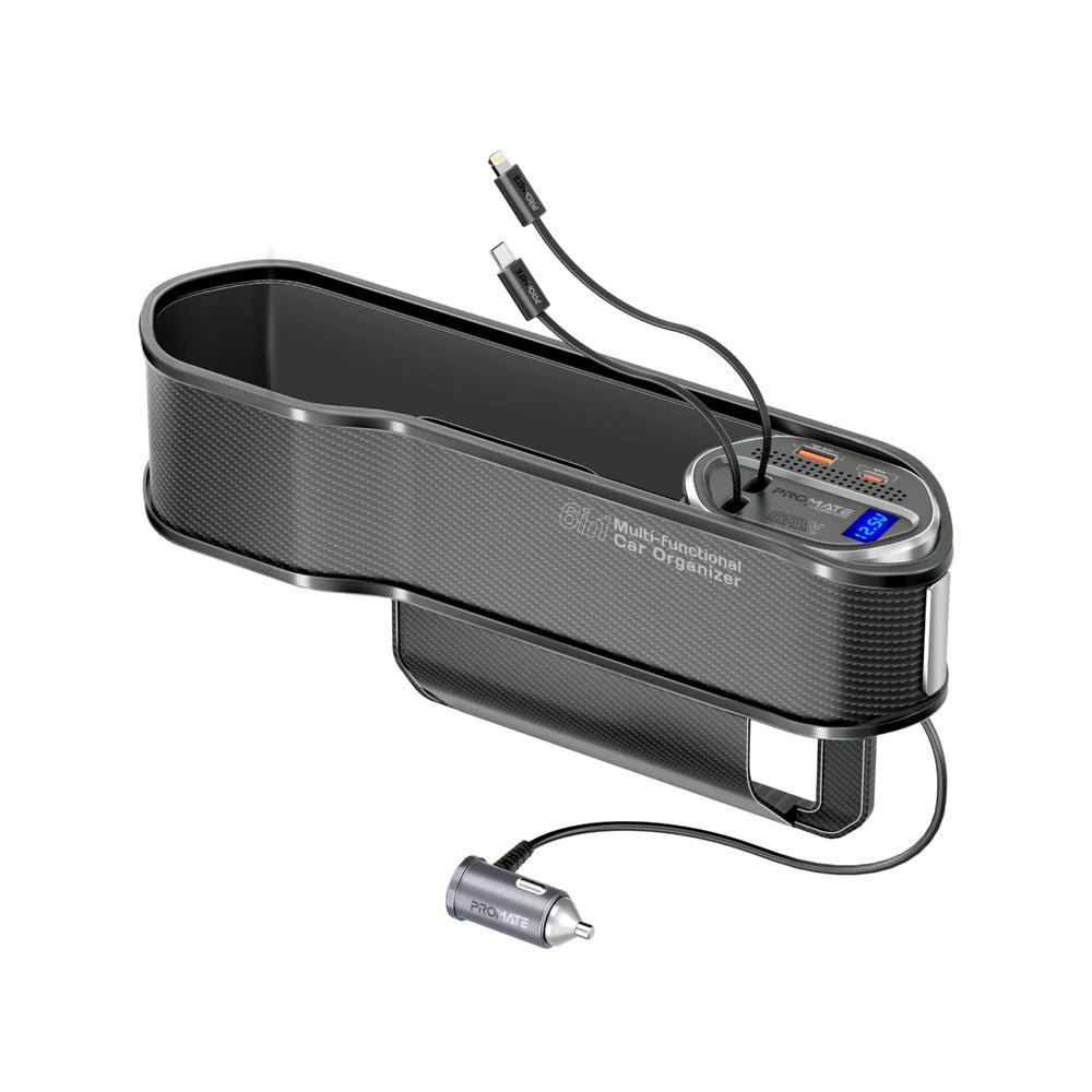 Promate CarMate-RPD 65W Multi-Functional Car Organizer and Charging Station with USB-C & Lightning Retractable Cables - Black