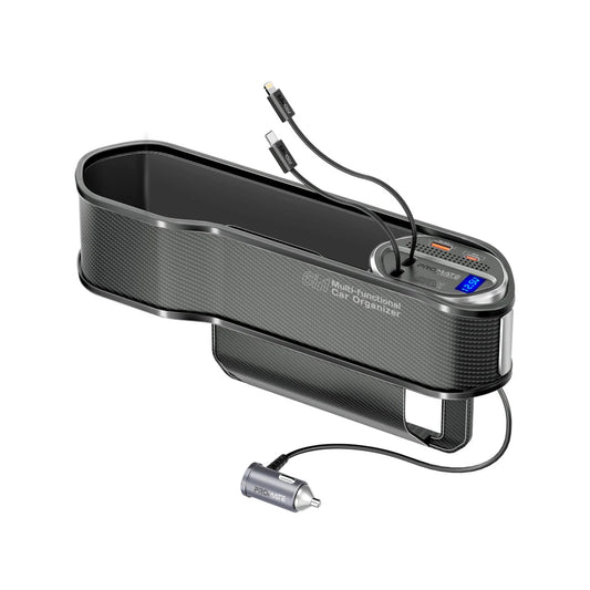Promate CarMate-RPD 65W Multi-Functional Car Organizer and Charging Station with USB-C & Lightning Retractable Cables - Black