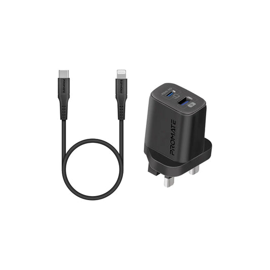 Promate ChargeKit-25PDi 25W Power Delivery Dual Port Adapter with Ultra-Fast USB-C to Lightning Cable
