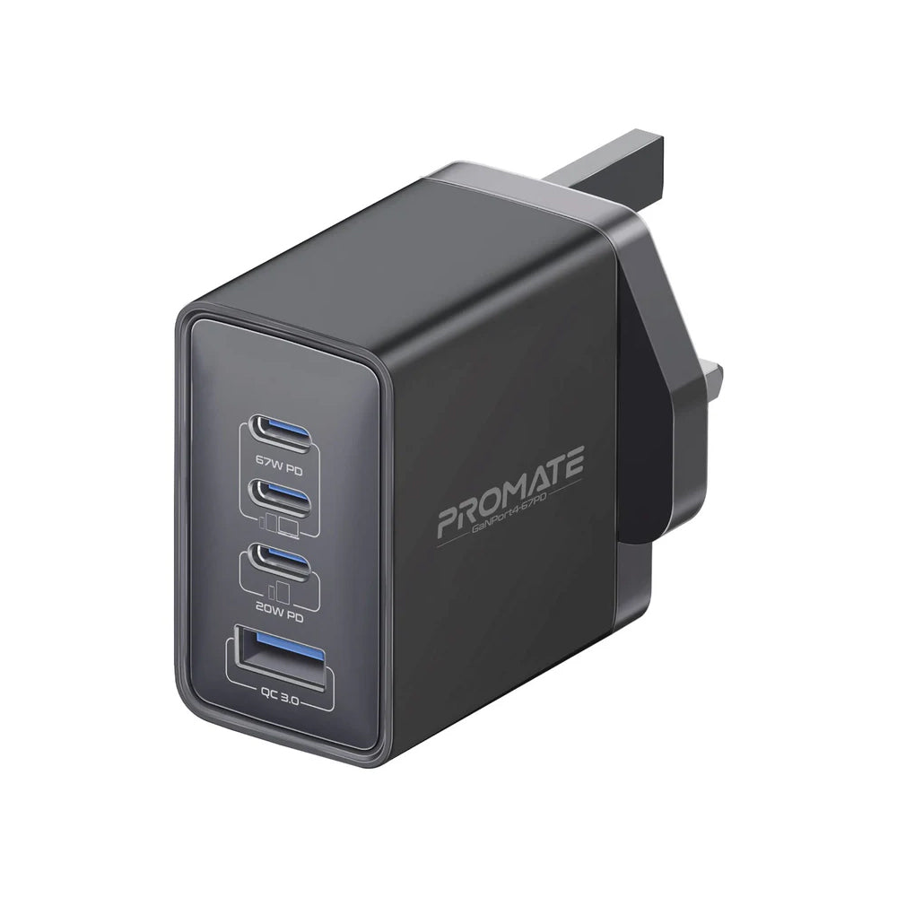Promate GaNPort4-67PD 67W Power Delivery GaNFast™ Charger with Quick Charge 3.0