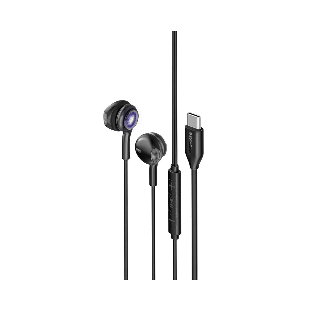 Promate LumiBuds-C LumiSound™ Transparent Stereo USB-C Wired RGB Earphones - Black