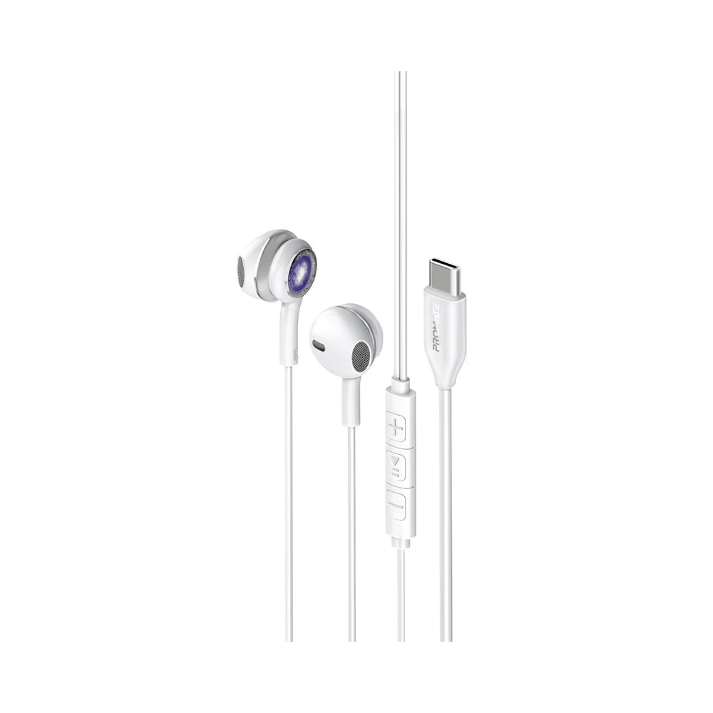 Promate LumiBuds-C LumiSound™ Transparent Stereo USB-C Wired RGB Earphones - Silver
