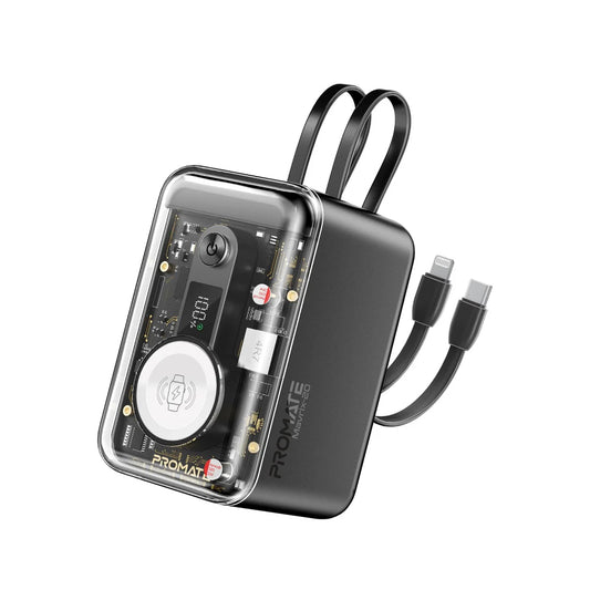 Promate Mavrix-20 65W Multi-Device Charging Transparent Power Bank with Built-In USB-C & Lightning Cable