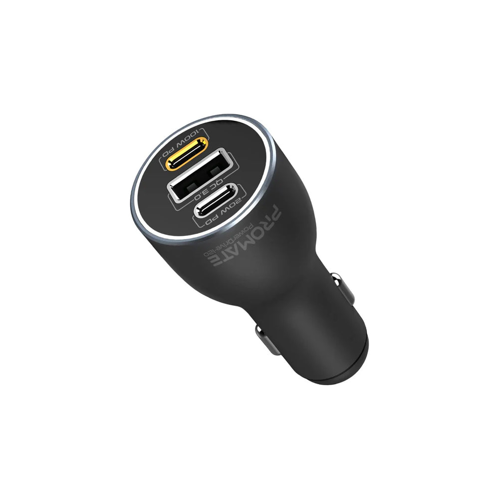 Promate PowerDrive-120 120W RapidCharge™ Car Charger with Dual Power Delivery and Quick Charge Ports