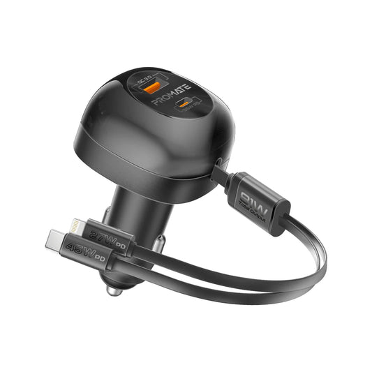 Promate PowerDrive-RCi81 81W Multi-Port Car Charger with Retractable USB-C & Lightning Cables