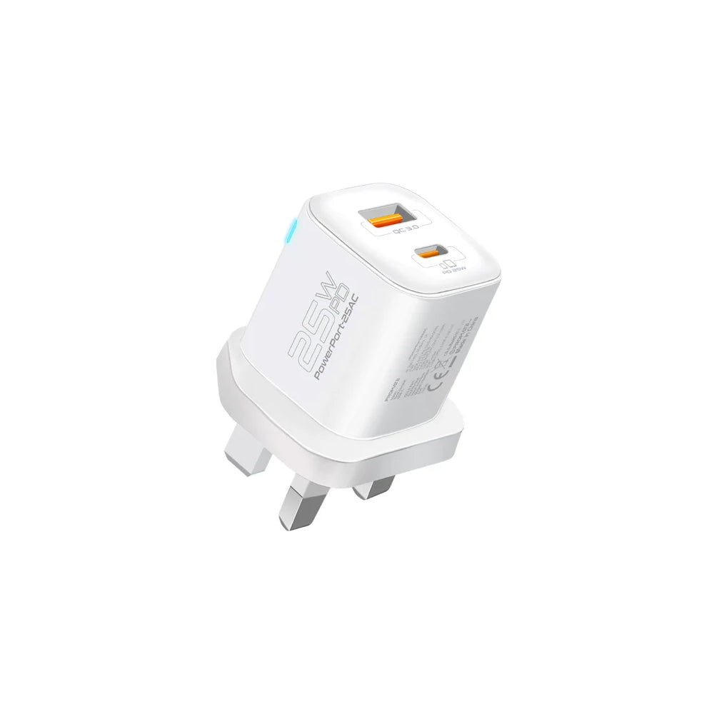Promate PowerPort-25AC Ultra-Fast Dual Port AC Charger with 25W Power Delivery and QC 3.0 - White