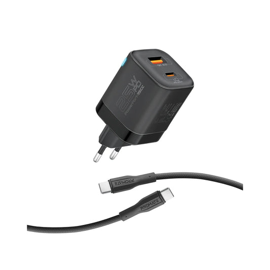 Promate PowerPort-25CC.EU 25W Dual Port Adapter Combo with 60W Fast Charging USB-C Cable