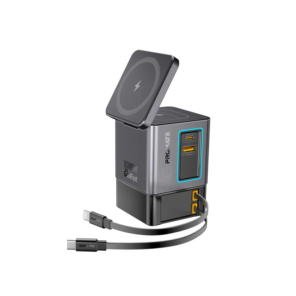 Promate PowerSync-105 105W GaNFast™ Multi-Port Wireless Charging Station with Dual Retractable Cables