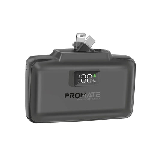 Promate PowerUp-10Duo 10,000 mAh Ultra-Compact Fast Charging Power Bank with Dual folding USB-C and Lightning Connectors - Bl