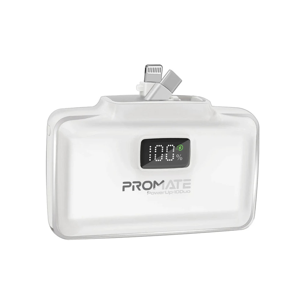 Promate PowerUp-10Duo 10,000 mAh Ultra-Compact Fast Charging Power Bank with Dual folding USB-C and Lightning Connectors - Wh