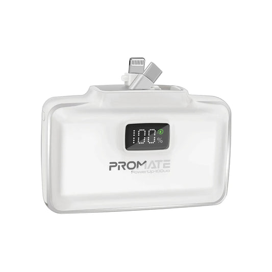 Promate PowerUp-10Duo 10,000 mAh Ultra-Compact Fast Charging Power Bank with Dual folding USB-C and Lightning Connectors - Wh