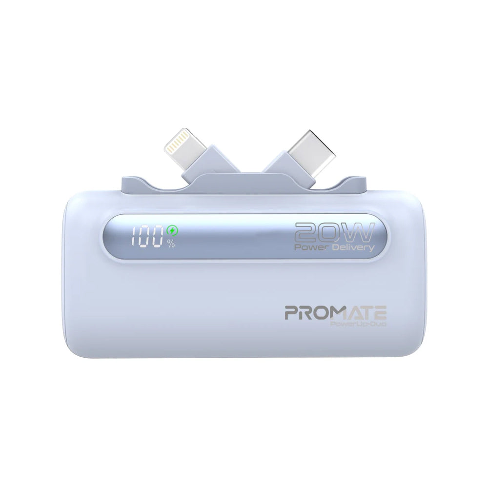 Promate PowerUp-Duo 5000mAh Ultra-Compact Fast Charging Power Bank with Dual foldable USB-C™ & Lightning Connectors - Blue
