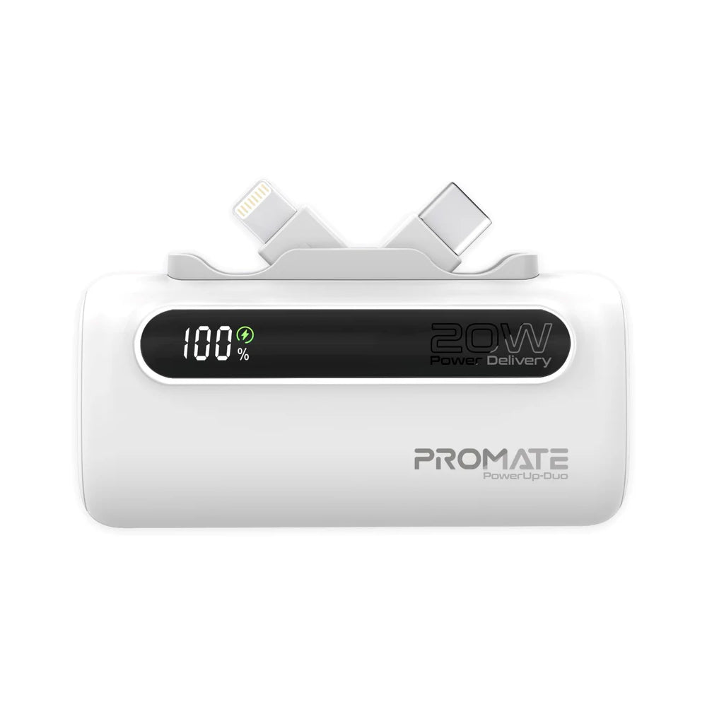 Promate PowerUp-Duo 5000mAh Ultra-Compact Fast Charging Power Bank with Dual foldable USB-C™ & Lightning Connectors - White