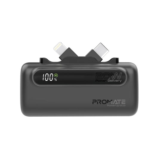 Promate PowerUp-Duo 5000mAh Ultra-Compact Fast Charging Power Bank with Dual foldable USB-C™ & Lightning Connectors - Black