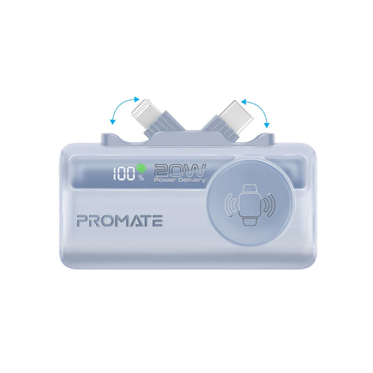 Promate PowerUp-Trio 5000mAh Ultra-Compact Fast Charging Power Bank with In-built USB-C, Lightning Connectors & Apple Watch C