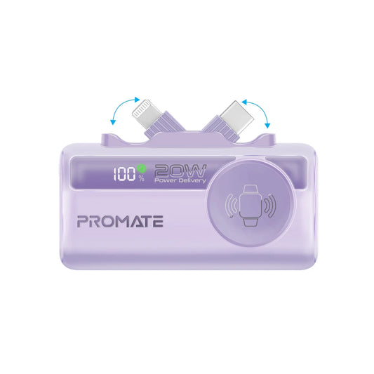 Promate PowerUp-Trio 5000mAh Ultra-Compact Fast Charging Power Bank with In-built USB-C, Lightning Connectors & Apple Watch C