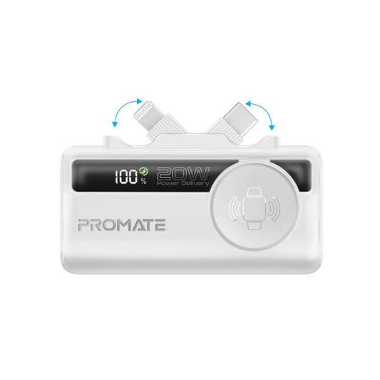 Promate PowerUp-Trio 5000mAh Ultra-Compact Fast Charging Power Bank with In-built USB-C, Lightning Connectors & Apple Watch C