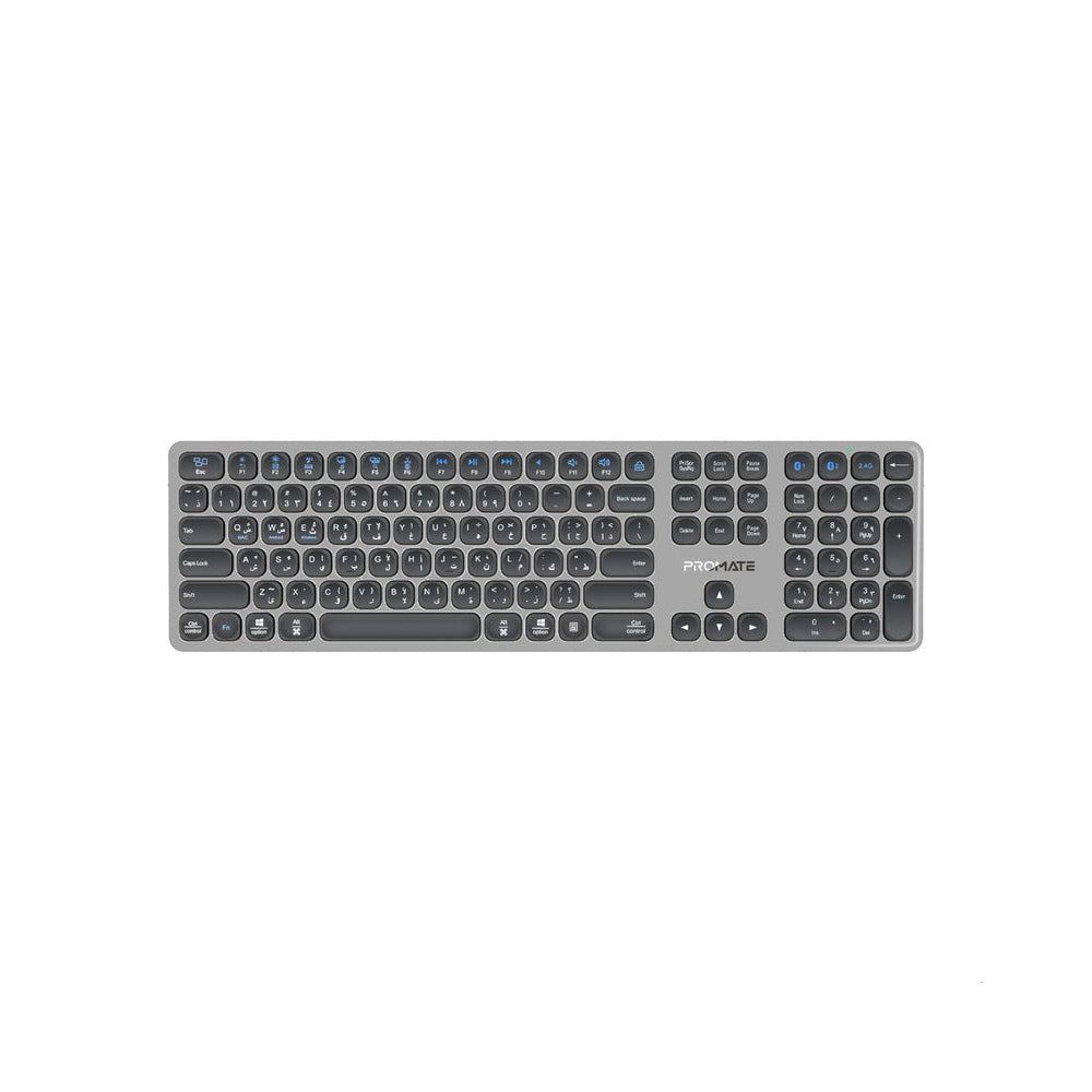 Promate ProKeys-X2 Full-Size Triple-Mode Slim Wireless Keyboard w/ Scissor Keys, & Multi-Device Connectivity EN-AR