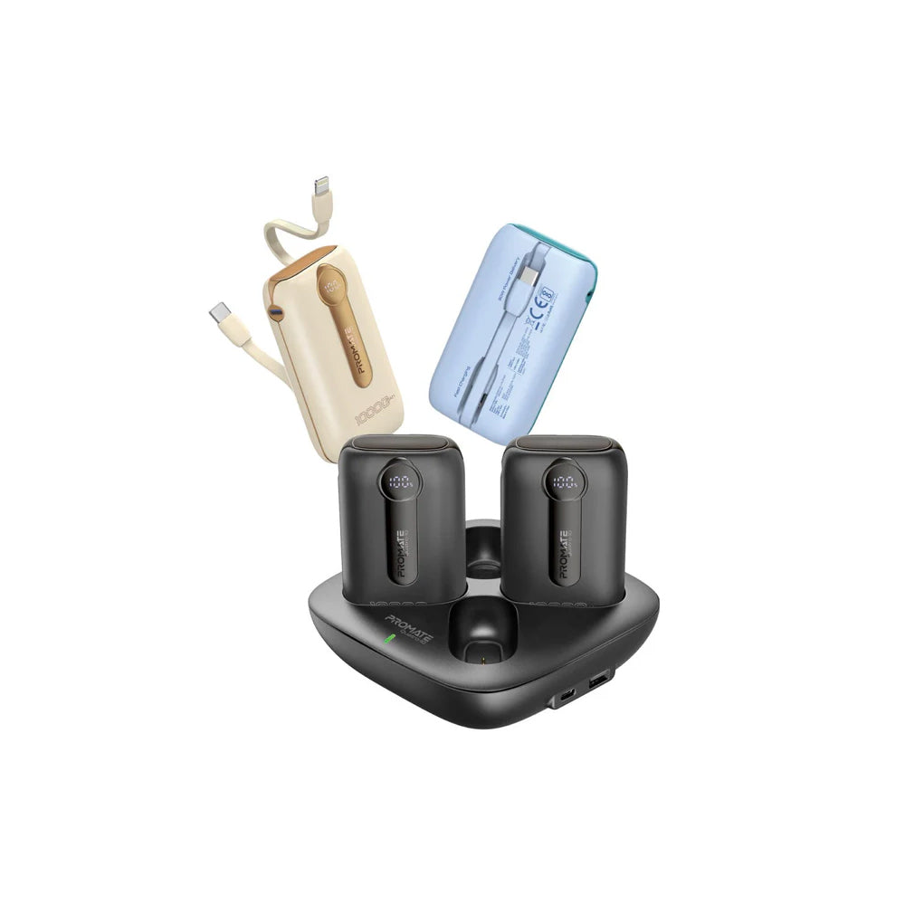 Promate Quatro-10 4-Piece 10000mAh Power Bank Charging Set with In-Built USB-C and Lightning Cables