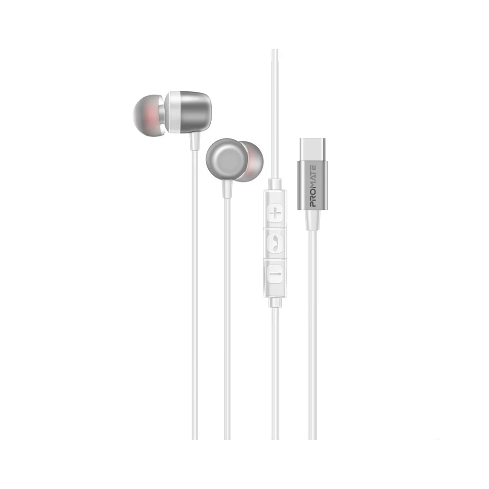 Promate Silken-ENC Ergonomic In-Ear USB-C Wired ENC Stereo Earphones - White
