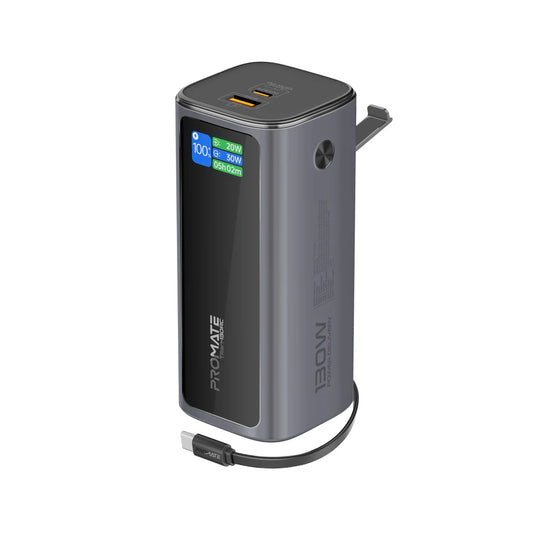 Promate Titan-130RC 20000mAh Ultra Compact 130W Multi-Port Power Bank with Retractable USB-C Cable & TFT LCD Screen