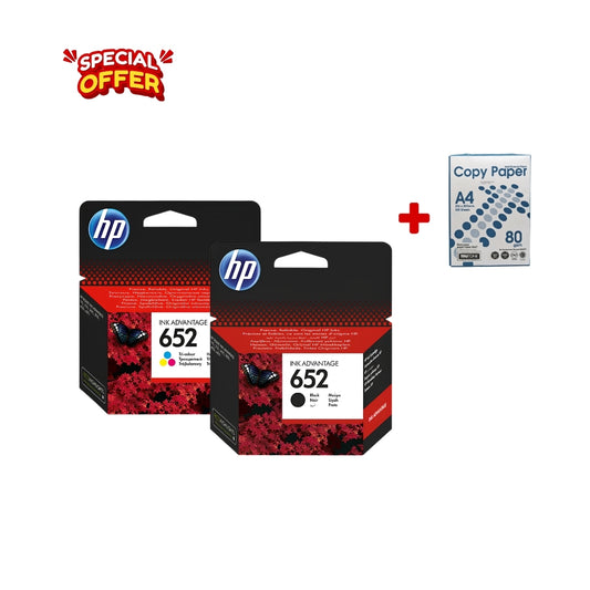 HP 652 Black & Tri-color Original Ink Advantage Cartridge + A4 Paper Combo