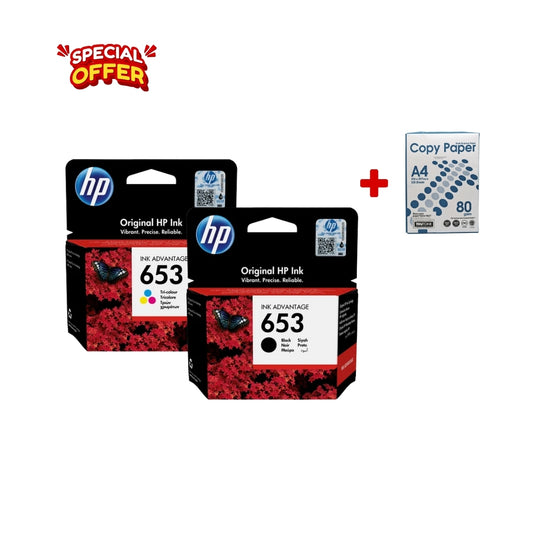 HP 653 Black & Tri-color Original Ink Advantage Cartridge + A4 Paper Combo