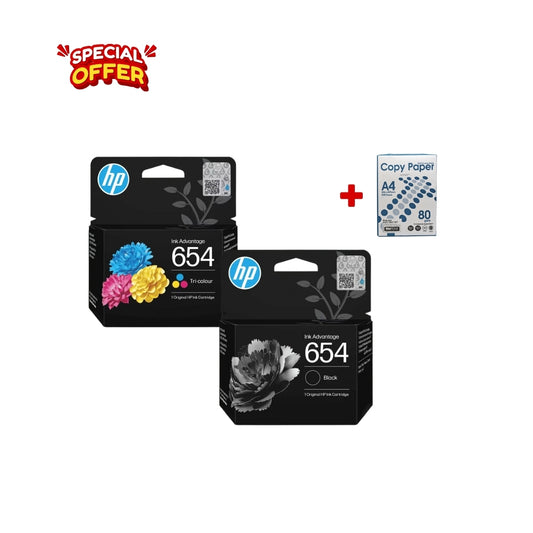 HP 654 Black & Tri-color Original Ink Advantage Cartridge + A4 Paper Combo