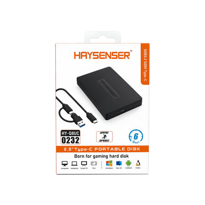 Haysenser 2.5" Portable SSD/HDD Case – USB 3.2 Type-C with USB-A Adapter, 6Gbps Speed