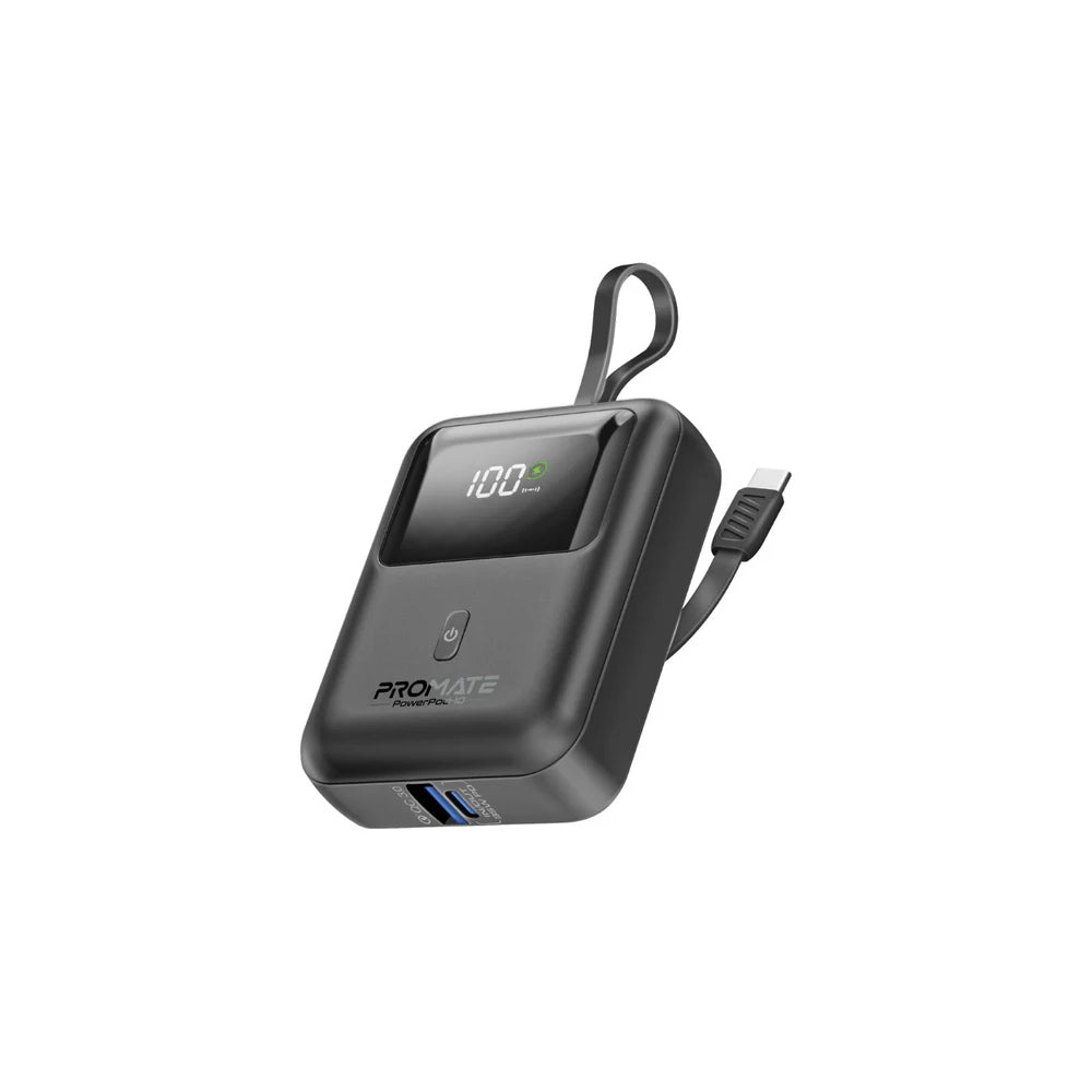 Promate PowerPod-10 10000mAh Ultra Compact 35W SuperSpeed™ Power Bank with Built-In USB-C Cable - Black