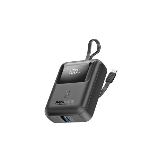 Promate PowerPod-10 10000mAh Ultra Compact 35W SuperSpeed™ Power Bank with Built-In USB-C Cable - Black