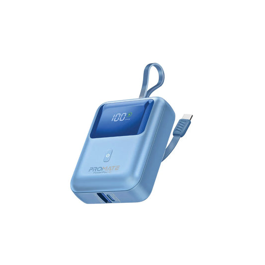 Promate PowerPod-10 10000mAh Ultra Compact 35W SuperSpeed™ Power Bank with Built-In USB-C Cable - Blue