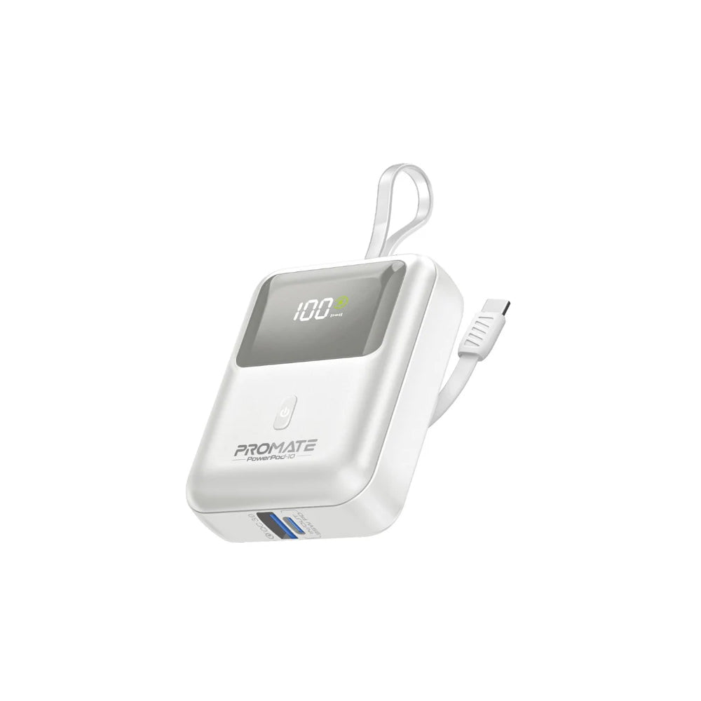 Promate PowerPod-10 10000mAh Ultra Compact 35W SuperSpeed™ Power Bank with Built-In USB-C Cable - White