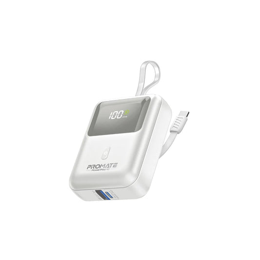 Promate PowerPod-10 10000mAh Ultra Compact 35W SuperSpeed™ Power Bank with Built-In USB-C Cable - White