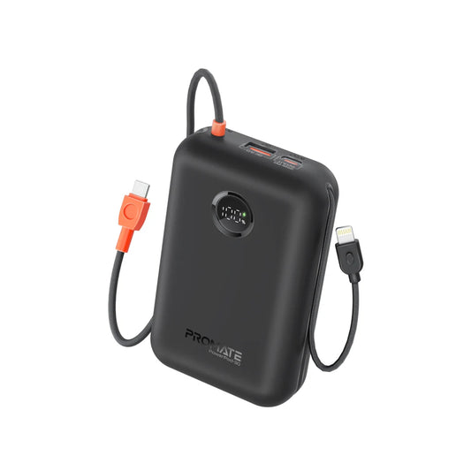 Promate PowerPod-30 30000mAh Compact Power Bank with Built-In USB-C & Lightning Cable - Black