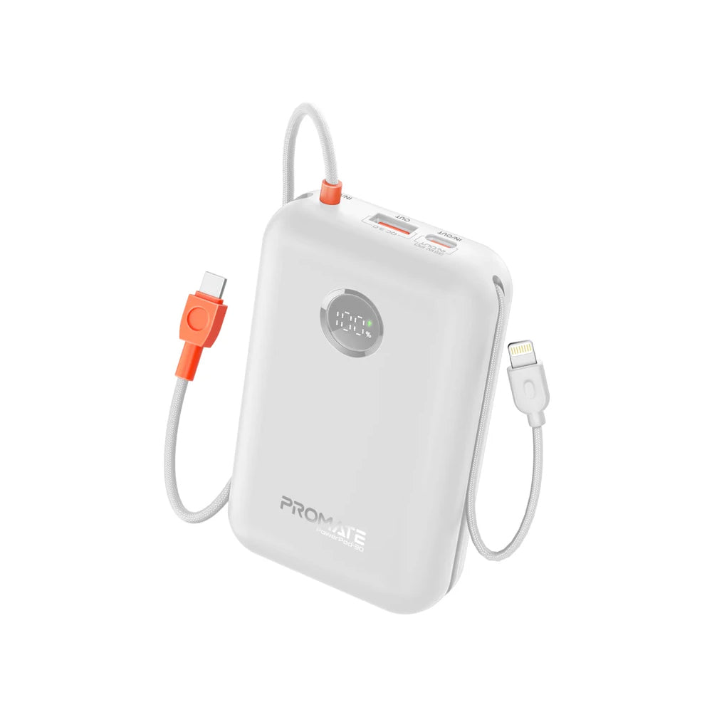 Promate PowerPod-30 30000mAh Compact Power Bank with Built-In USB-C & Lightning Cable - White