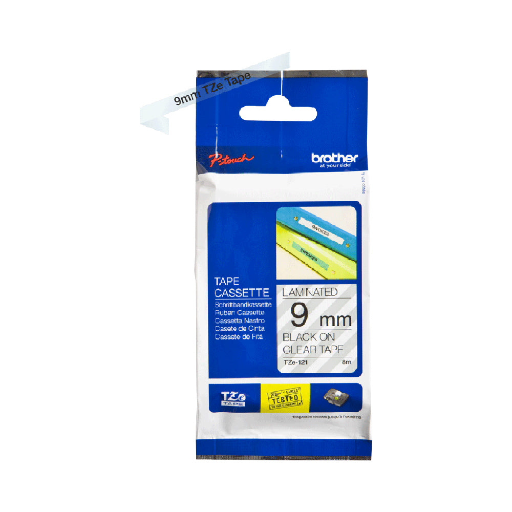 Brother Genuine TZe-121 Labelling Tape Cassette – Black on Clear, 9mm wide