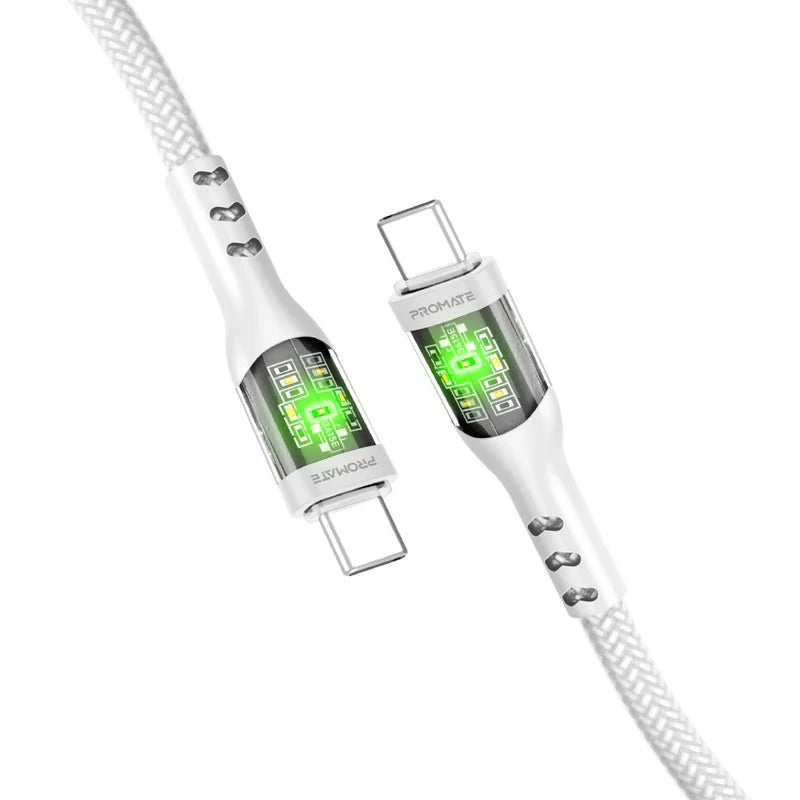 Promate TransLine-CC 60W Power Delivery Ultra-Fast USB-C Cable with Transparent Shells - White