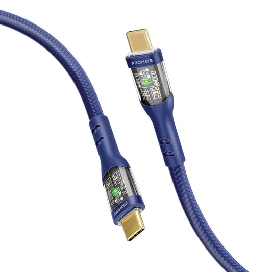 Promate TransLine-CC200 60W Power Delivery Ultra-Fast USB-C Cable with Transparent Shells - Navy